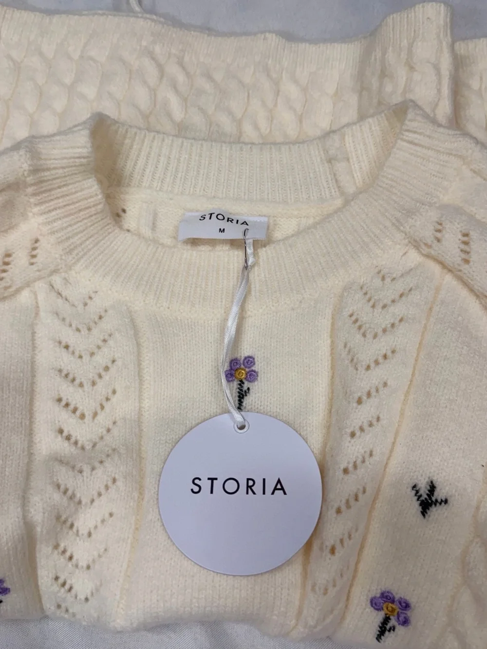 Storia Cream Embroidered Cable-Knit Crew Sweater with Waist Tie